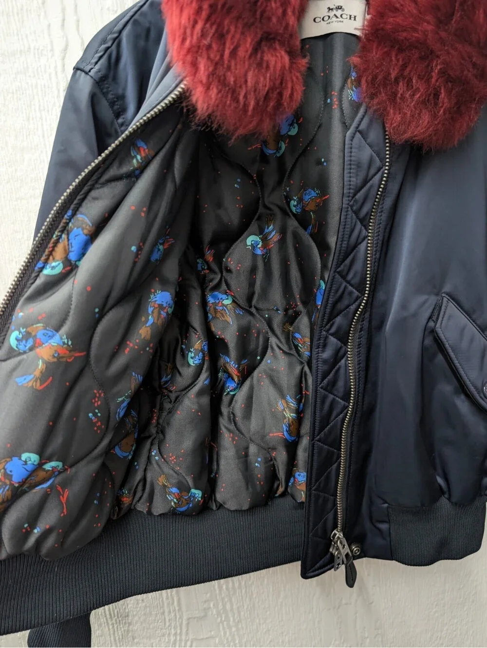 Coach MA-1 Bomber Jacket Coat Navy Blue Shearling Fur Women's Size Small